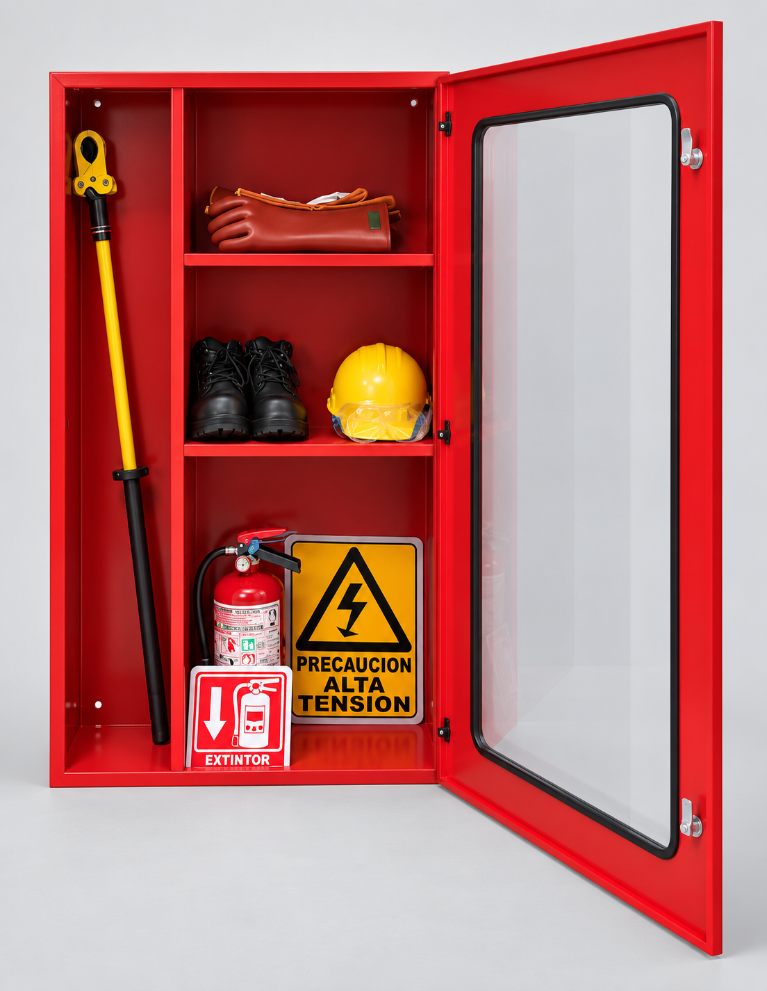 Kit de Seguridad Esencial: gabinete, protección personal, rescate, señalización y tarima dieléctrica