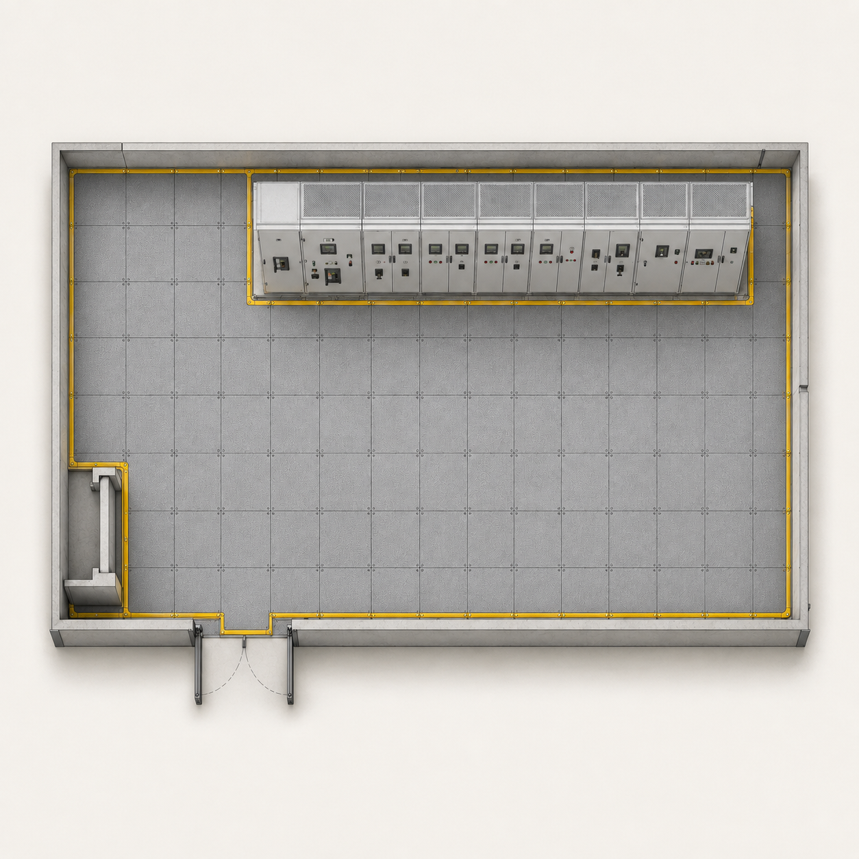 Render de subestación con el diseño por modulo del Piso Modular Dieléctrico