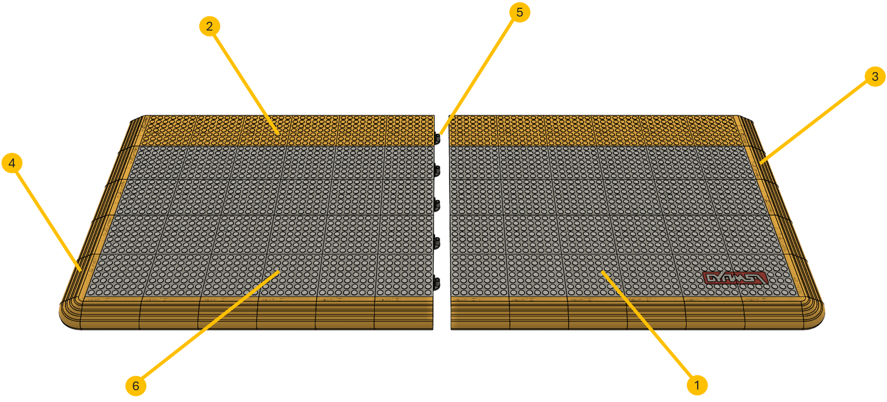 Diagrama de piso modular dieléctrico con señalización de sus diferentes elementos.