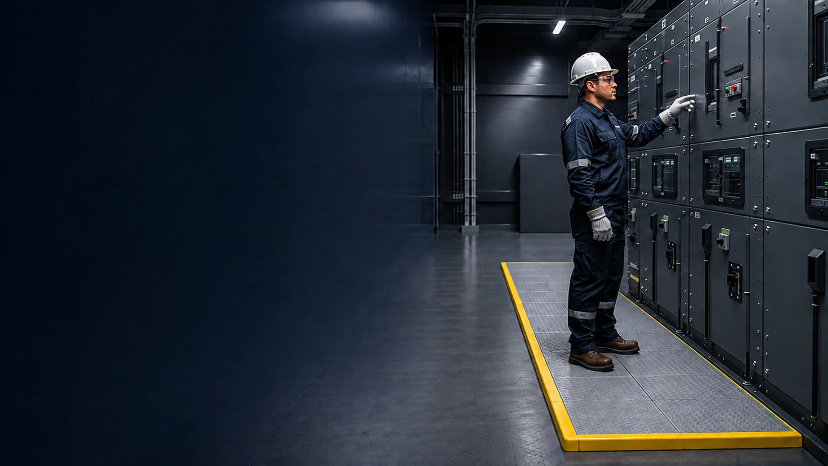 Técnico inspeccionando un tablero eléctrico sobre un piso dieléctrico modular LMD.